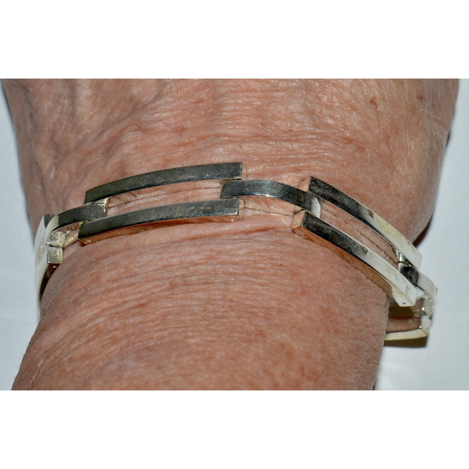 Sterling Silver Link Bracelet, Modernist 5 Link Bracelet Hidden Fold Over Clasp