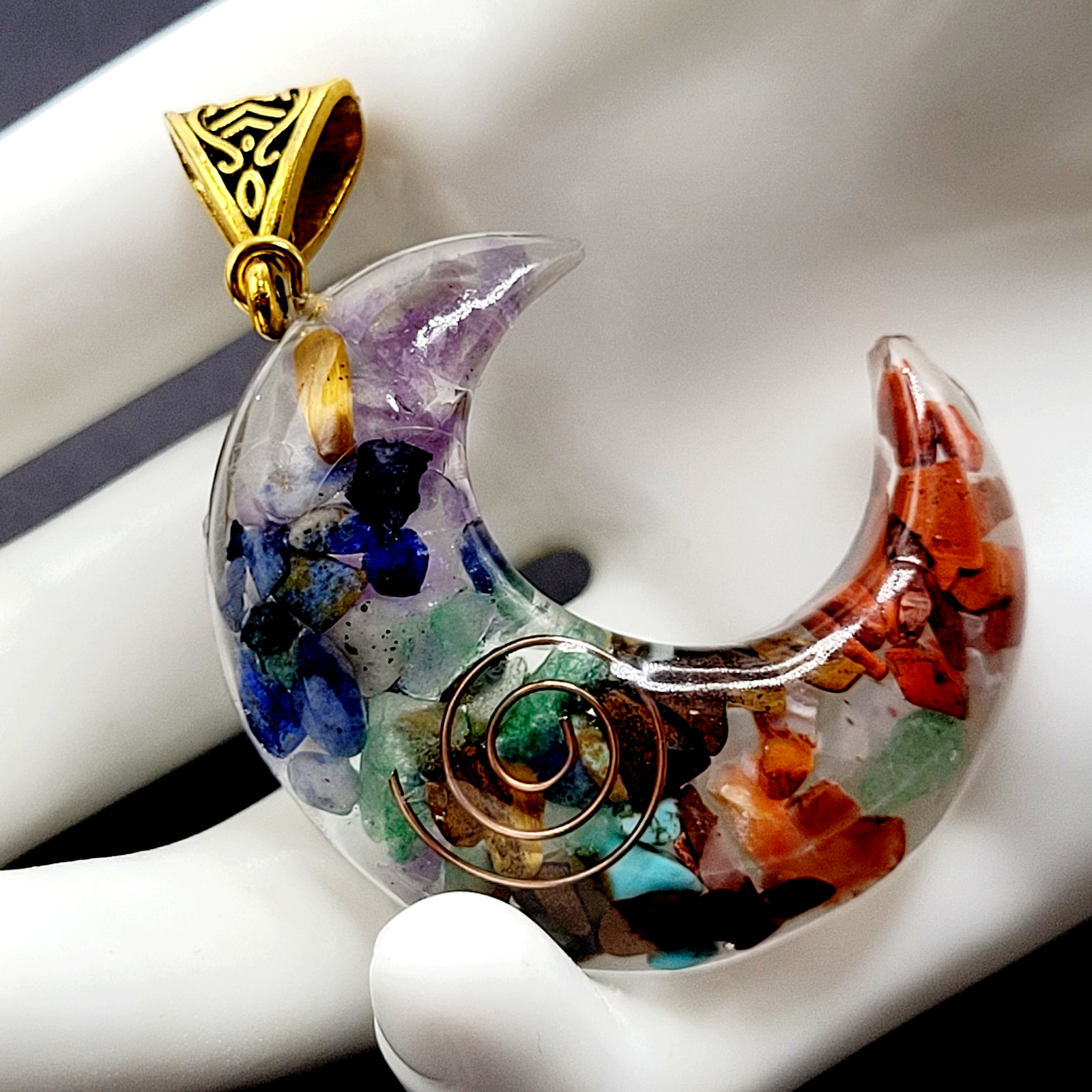 Crescent Moon Shape Orgone Chakra Crystal Chip Pendant Ornate Bail No Chain
