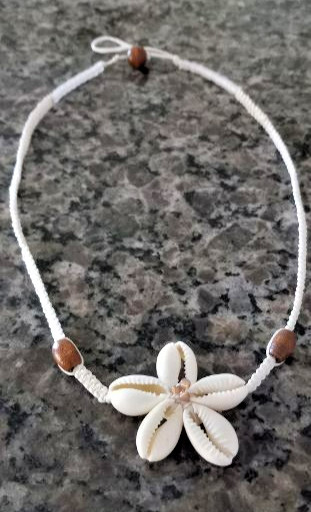 White Macrame & Cowrie Shell Necklace With Wood Beads