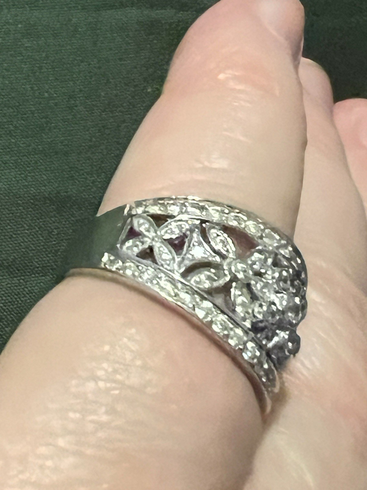 Vintage QVC Diamonique Solid White Gold Open Art Nouveau Floral CZ Ring Size 9