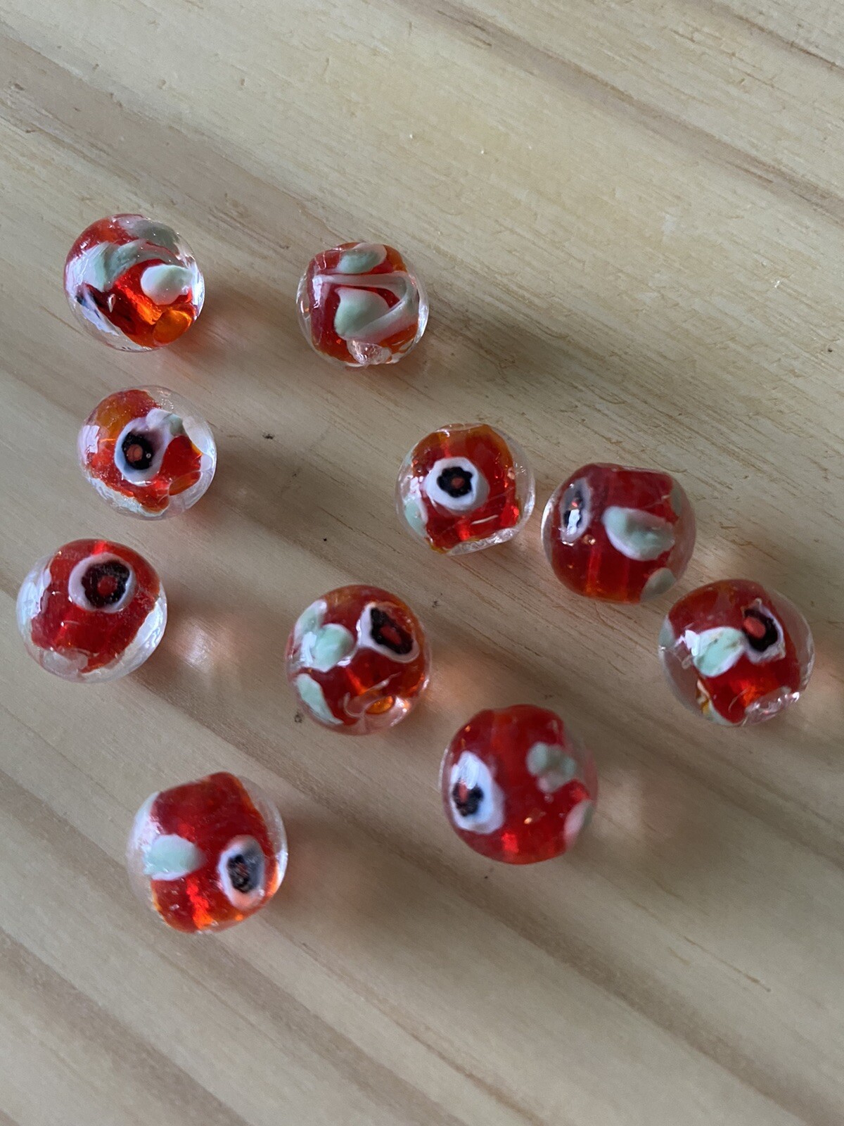 10 RED with GREEN BLACK FLOWER ROUND LAMPWORK Glass Beads 12mm Jewelry DIY