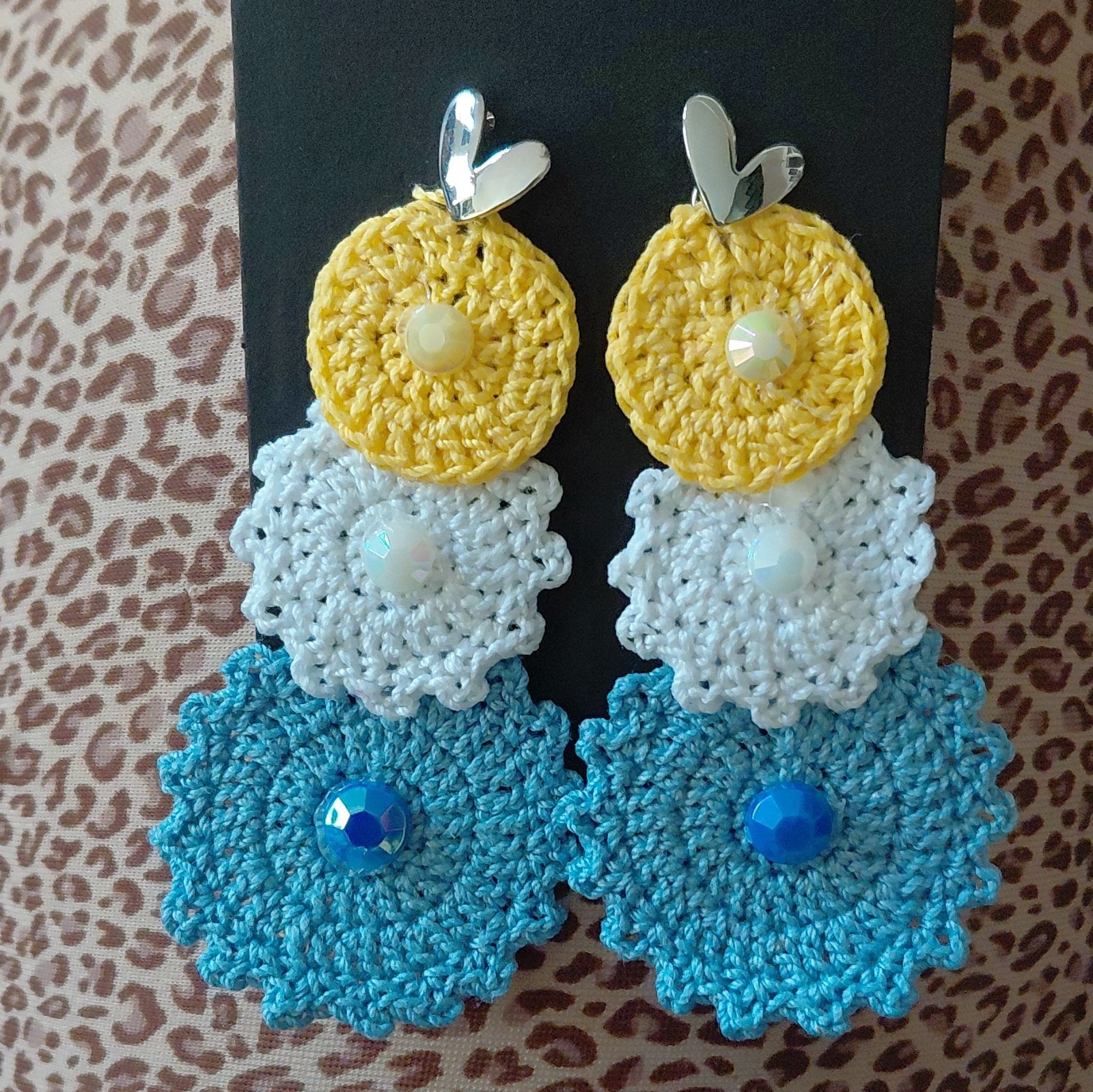 Handcrafted Crochet Cotton Flower Dangle/Drop Earrings Clip-On Multicolor