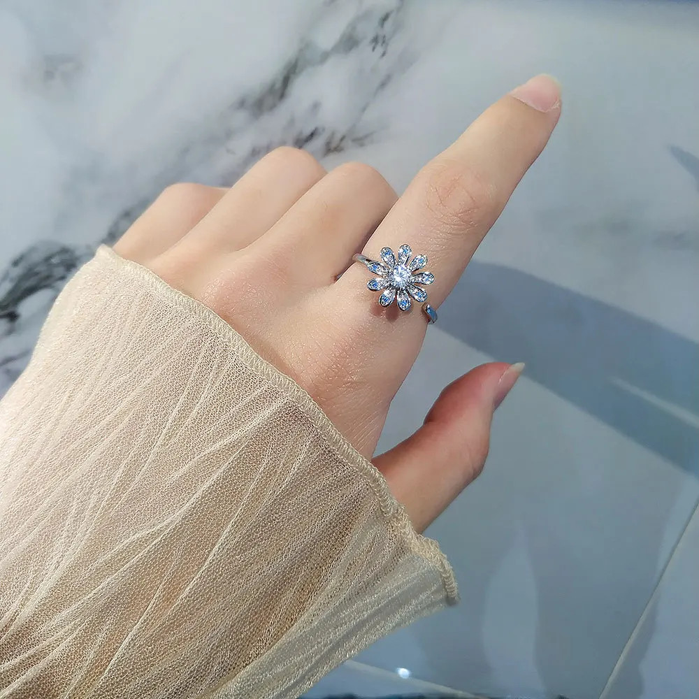 Sterling Silver Sunflower Diamond Zircon Rotatable Ring For Women