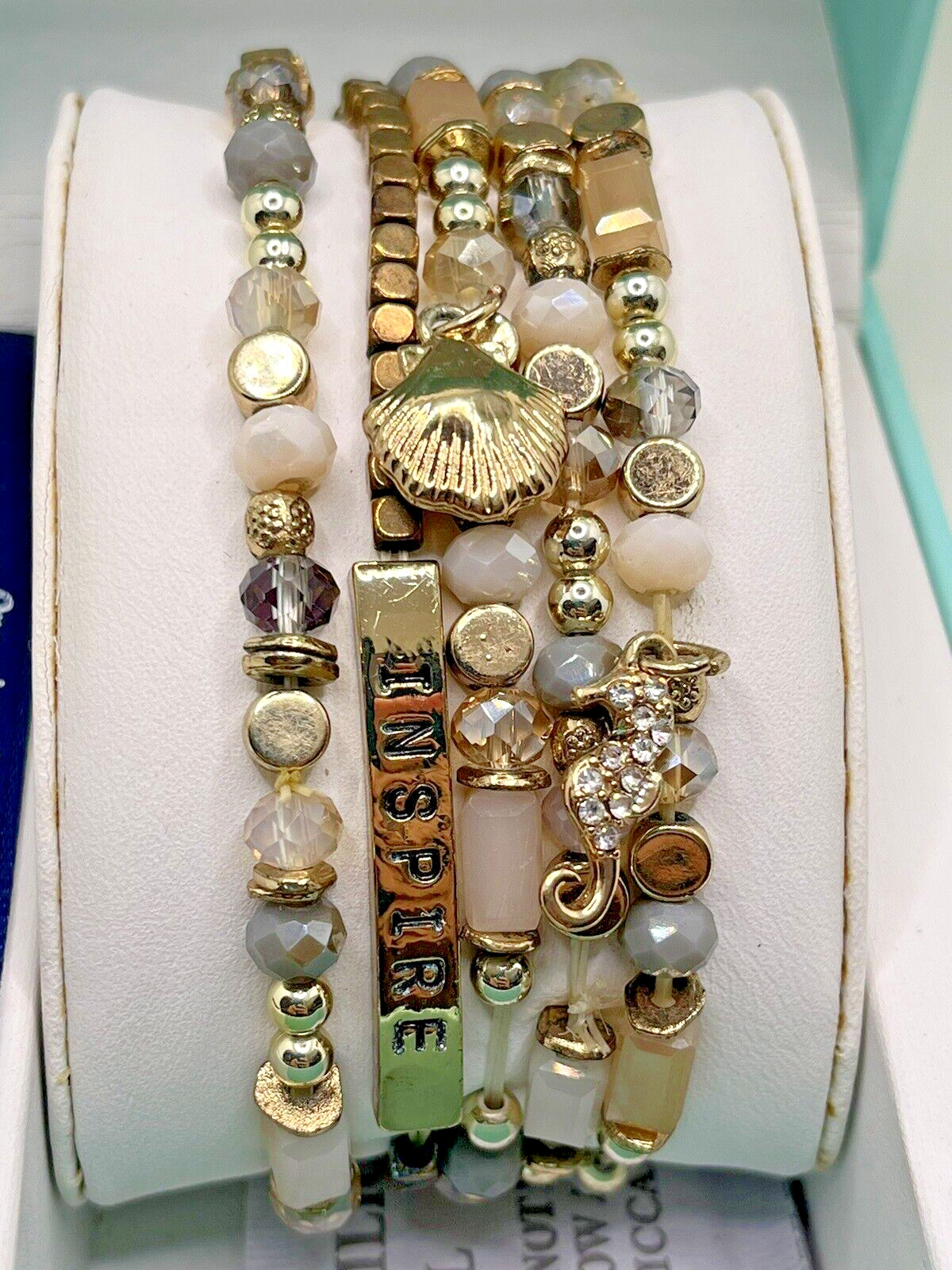 Lovita & Co INSPIRE Gold Tone Beaded Rhinestone 5 Stretch Bracelets NIB