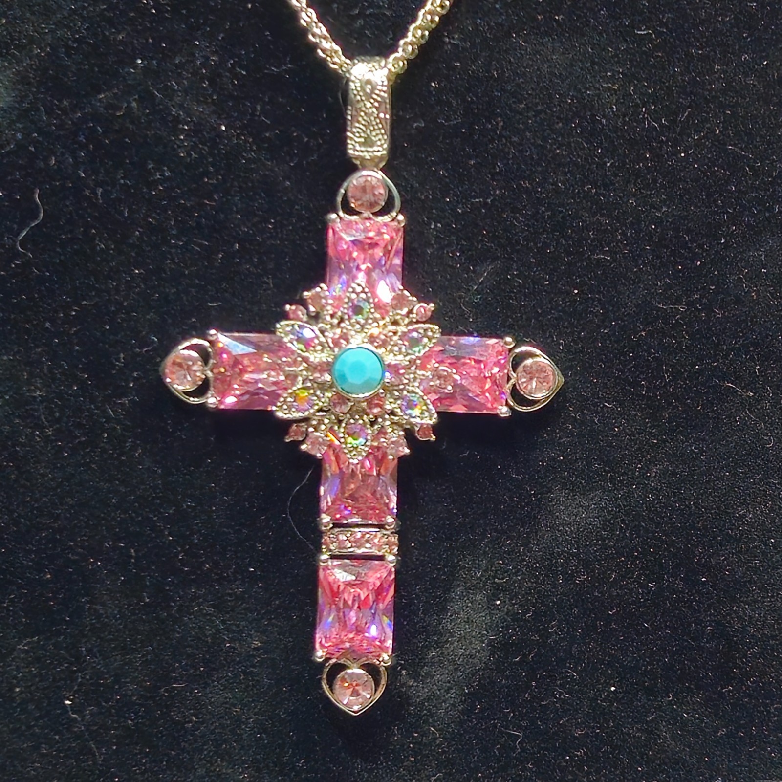 Silver tone Pink & Blue Rhinestone Cross Necklace Religious Christian 12″ 40g