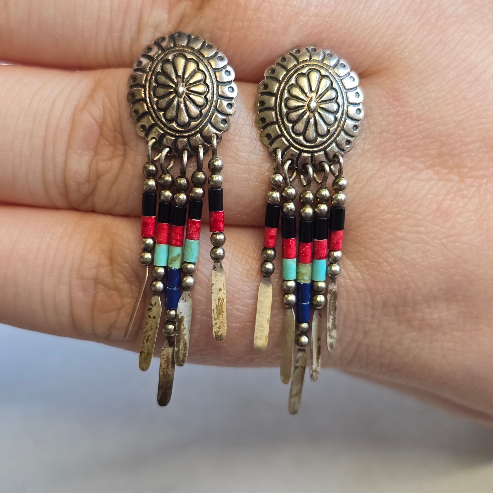 Sterling Silver Earrings 4.38g Fine Jewelry Zuni Semi Precious Stones Look*READ*