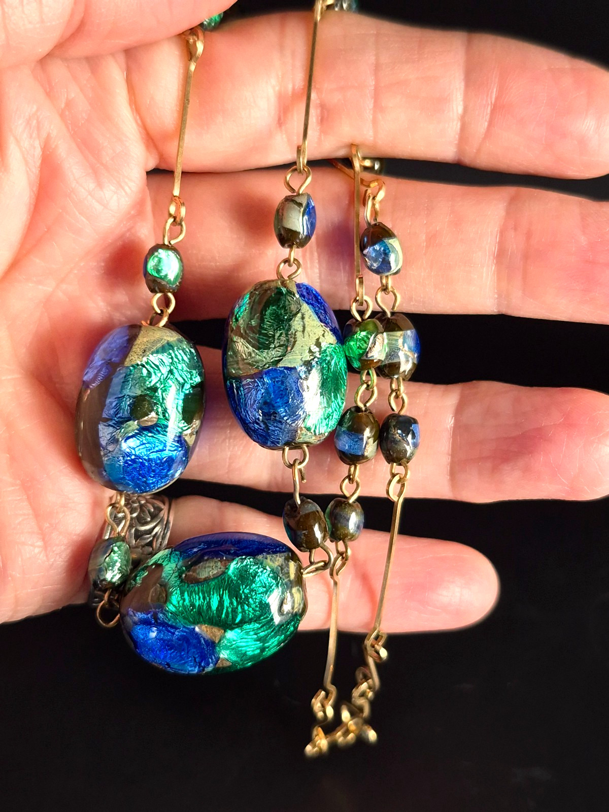 Vintage Art Deco Venetian Green, Blue & Black Foil Glass Bead Necklace 18″