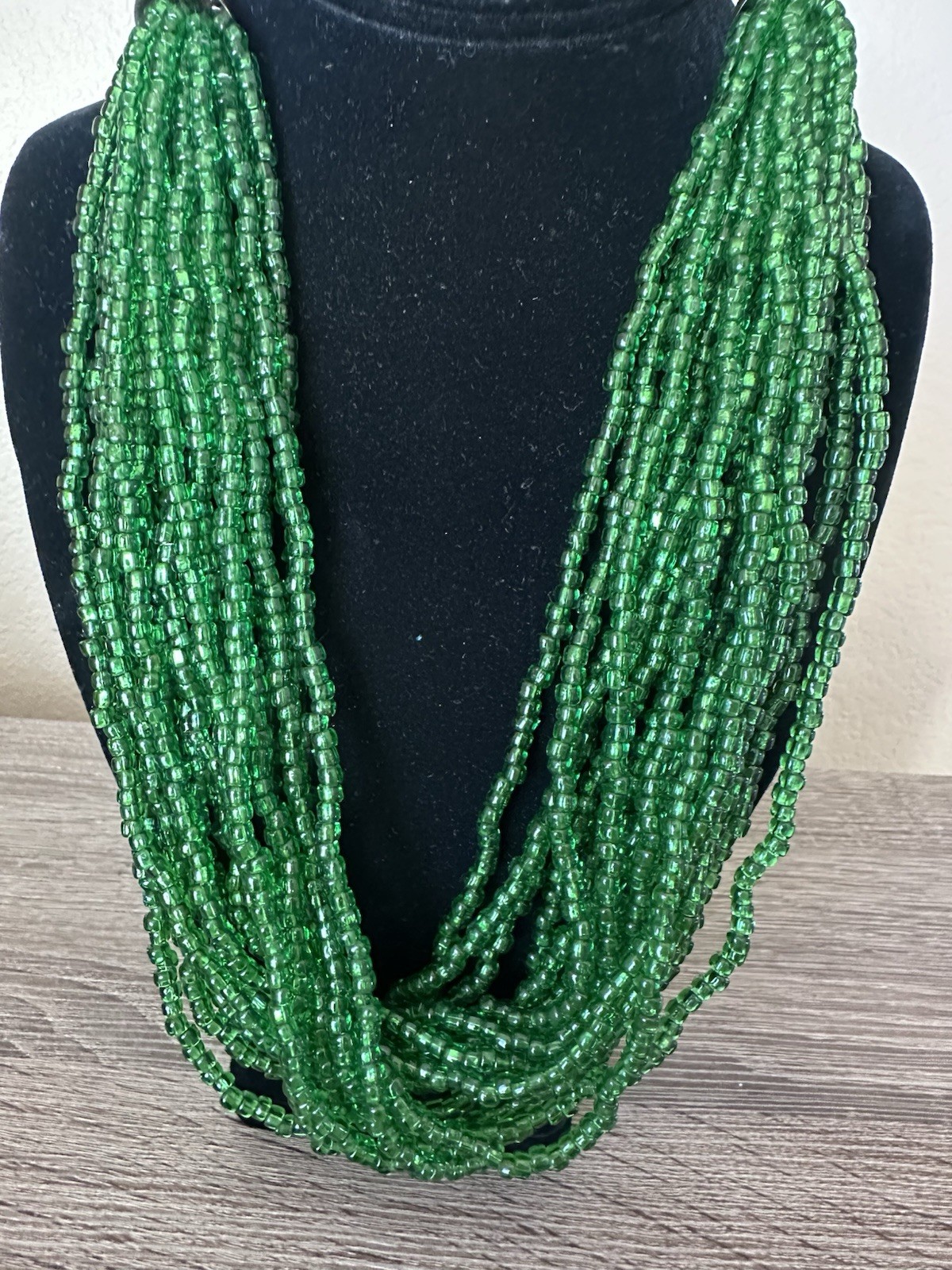 Vintage Southwestern Multi Strand Green Glass Seed Bead Necklace Silver Tone