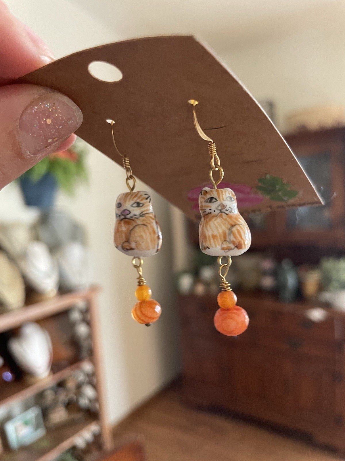 Orange Tabby Cat Ceramic Beaded Earrings W/ Glass and Citrine Beads Hand Painted