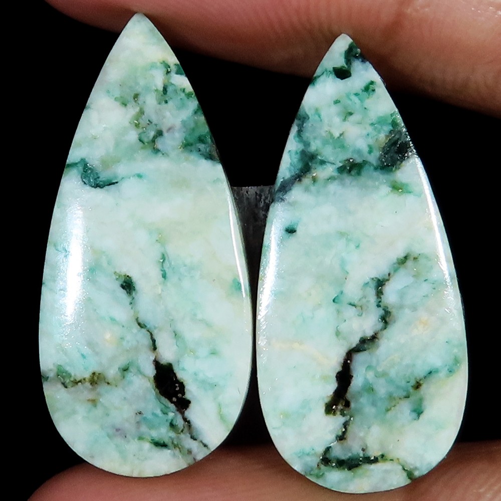 Natural Green Mariposite Pair Pear Cabochon Gemstone 13x30x3 mm 32.60 Ct SH748
