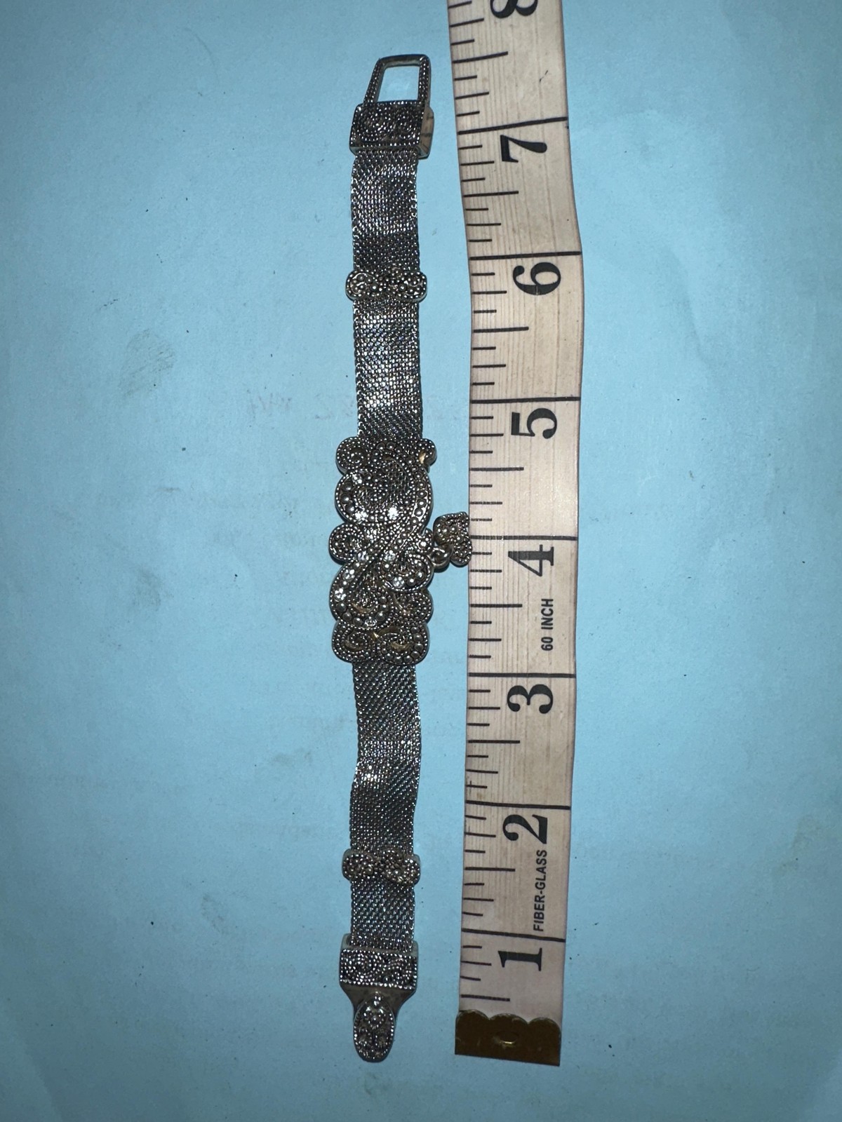 Vintage Silvertone Mesh Crystal Charm Bracelet Filigree Heart Womens Jewelry 7.5