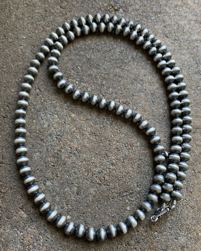 7mm 36 Inch 925 Sterling Silver Oxidized Pearls Bead Necklace Southwestern