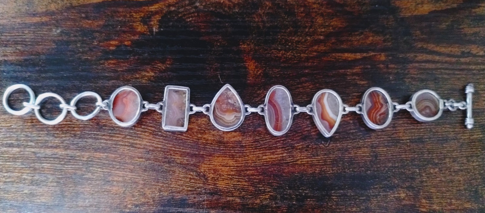 Natural SJ Red Banded Agate Stone Sterling Silver Sajen Toggle Bracelet 7-9in