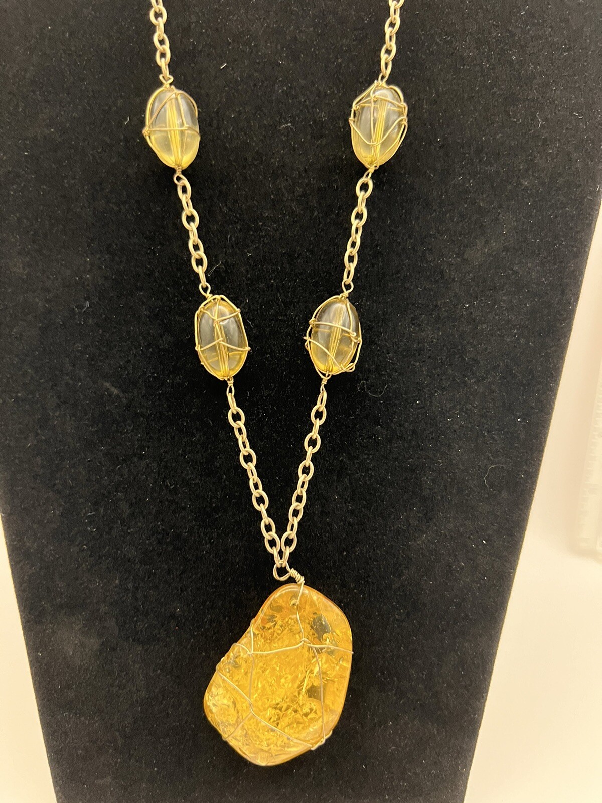 Vintage Wire Wrapped Faux Citrine Stone Necklace Yellow Beads Gold Tone Chain