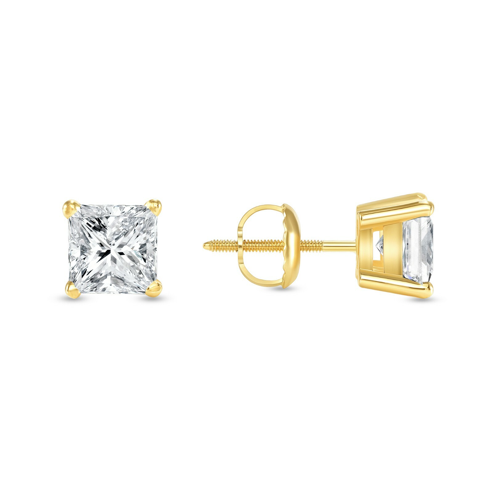1.25 Ct Princess Created Diamond Earrings Stud Real 14K Yellow Gold Basket Screw