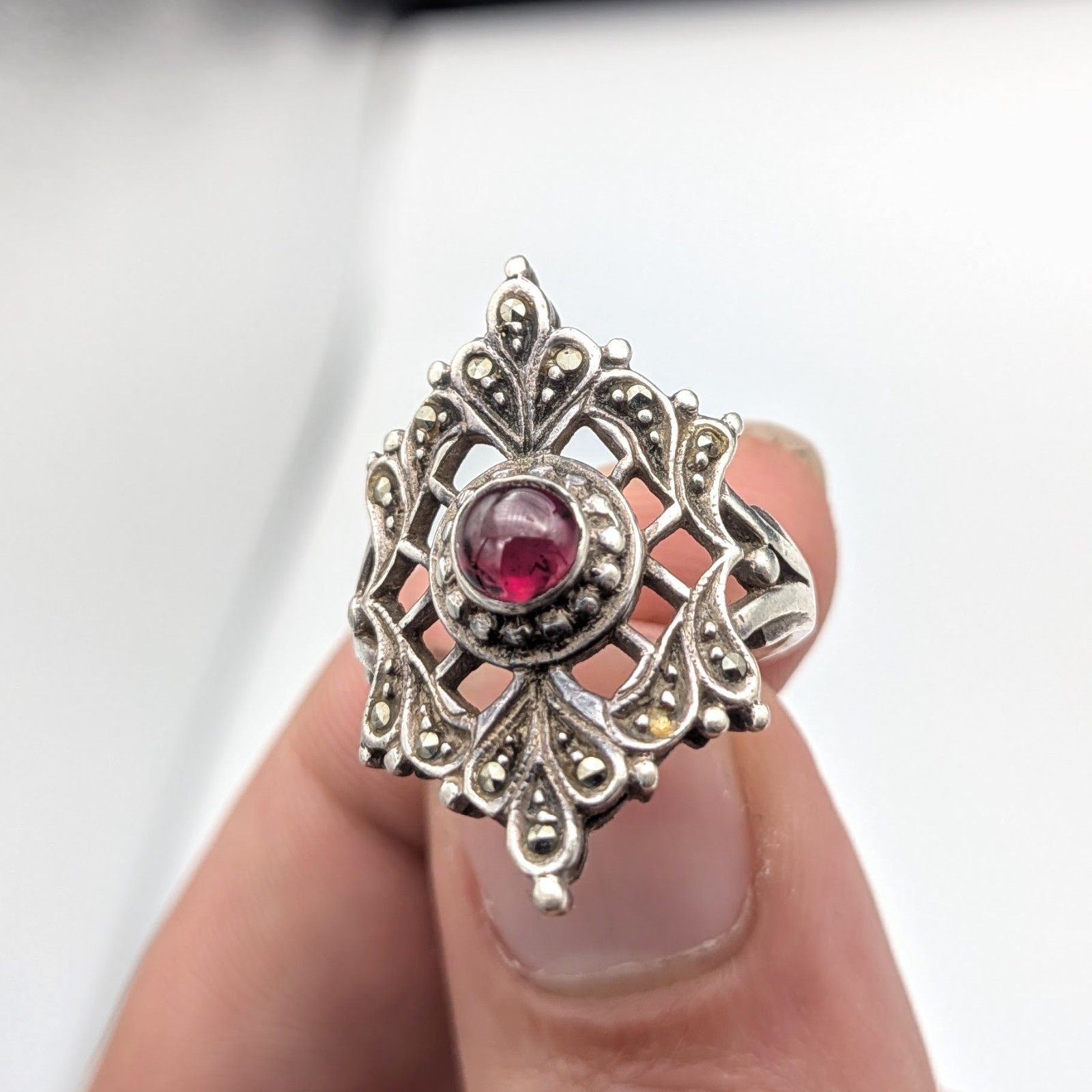 Antique Gothic Sterling Silver Ring W/ Violet Color Garnet Center Stone Size 6.5