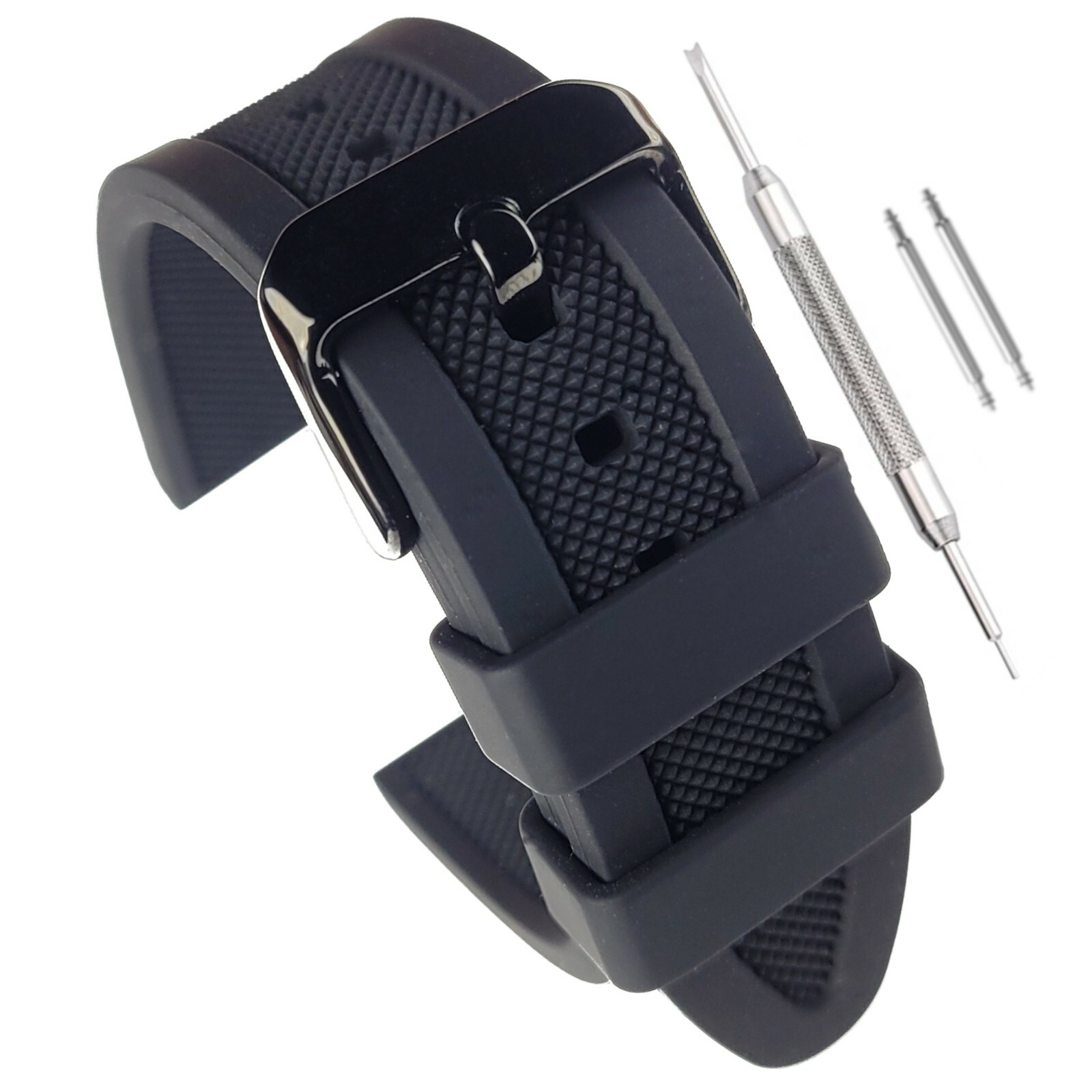 Black Soft Silicone Rubber Watch Strap Band – 18mm 20mm 22mm 24mm