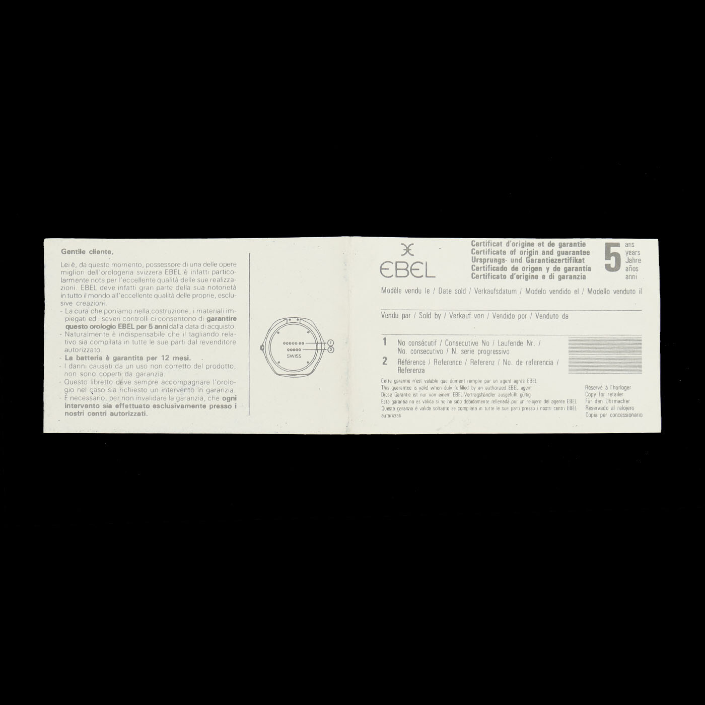 EBEL 5 YEARS CERTIFICATE OF ORIGIN AND GUARANTEE PAGE- OPEN PAPERS