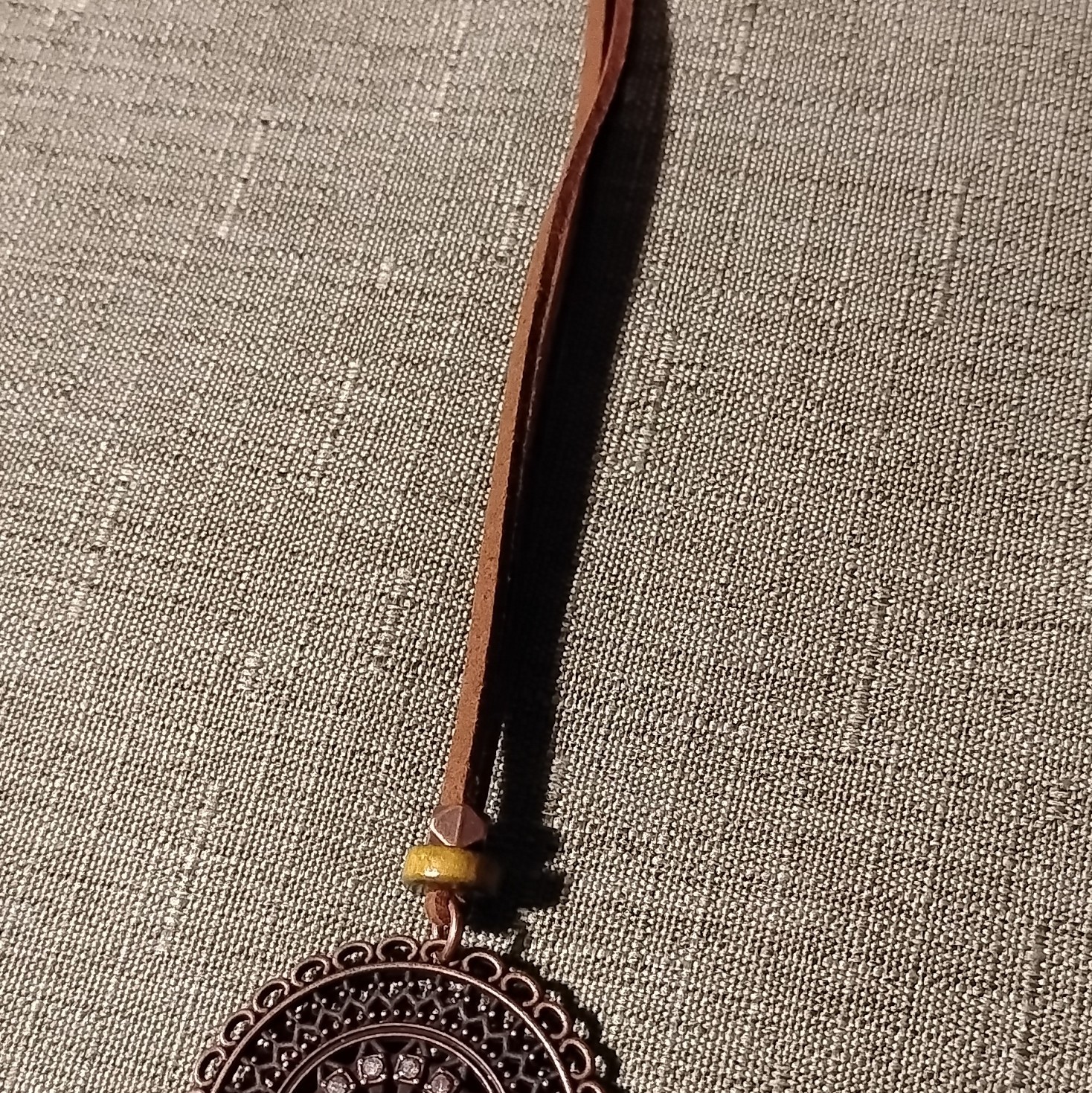 Round Medallion Tassel Fringe Pendant Necklace Brown/Beige Cord Metal. 3097.