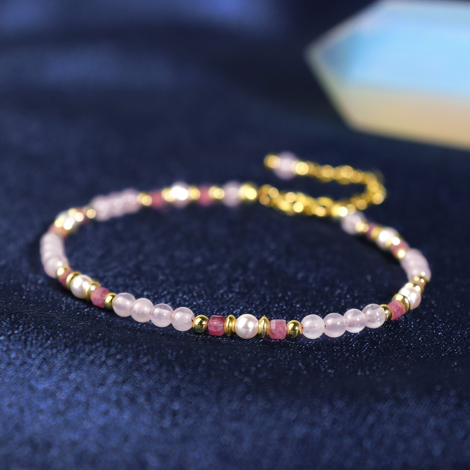 Tourmaline Pearl Rose Quartz Beaded Healing Crystal Women Dainty Bracelet Gift