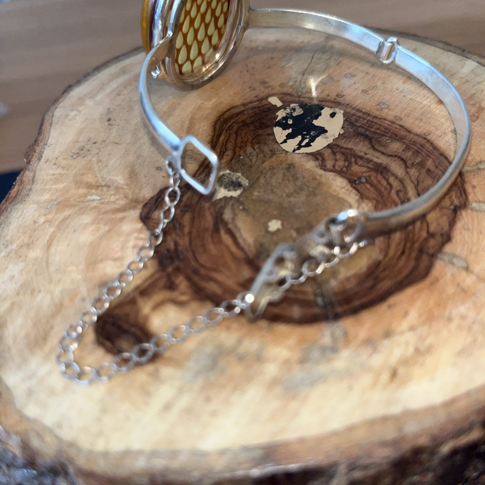 Sterling Silver 925 & Baltic Amber Reverse Carved Bangle – Stamped – Beautiful