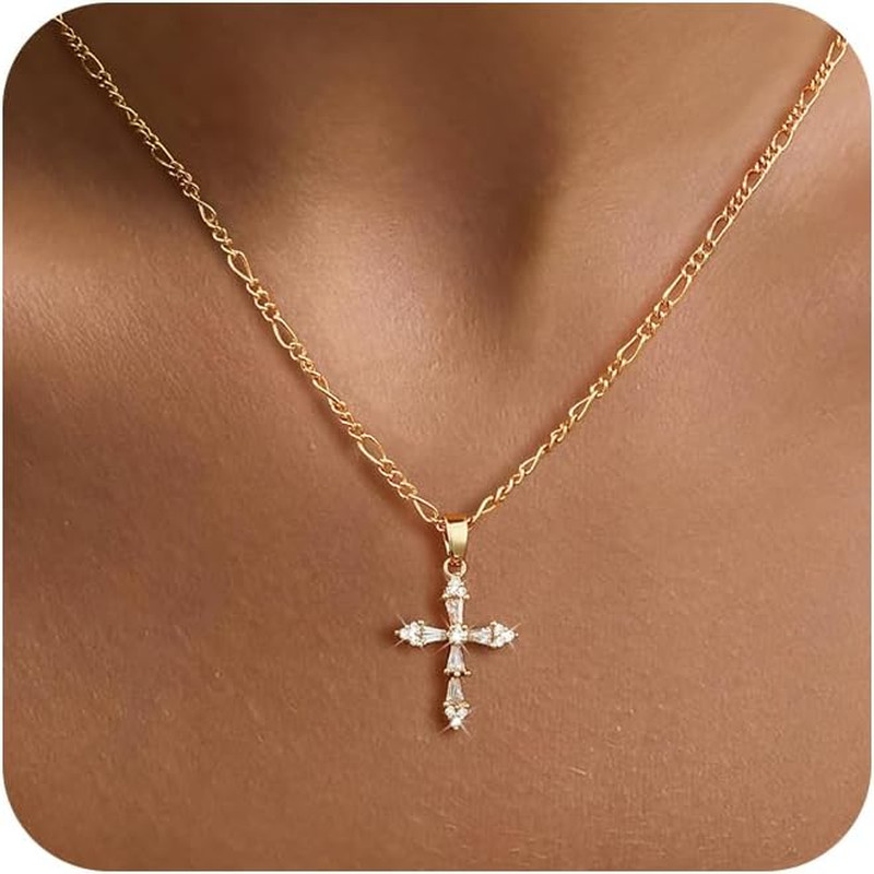 Cross Necklace for Women,14K Gold Plated Small Dainty Colorful Beaded Cubic Zirc
