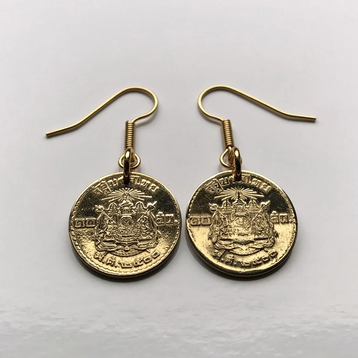 1957 Thailand Siam coin earrings Wat Arun Erawan Lan Xang Bangkok Phuket e000388