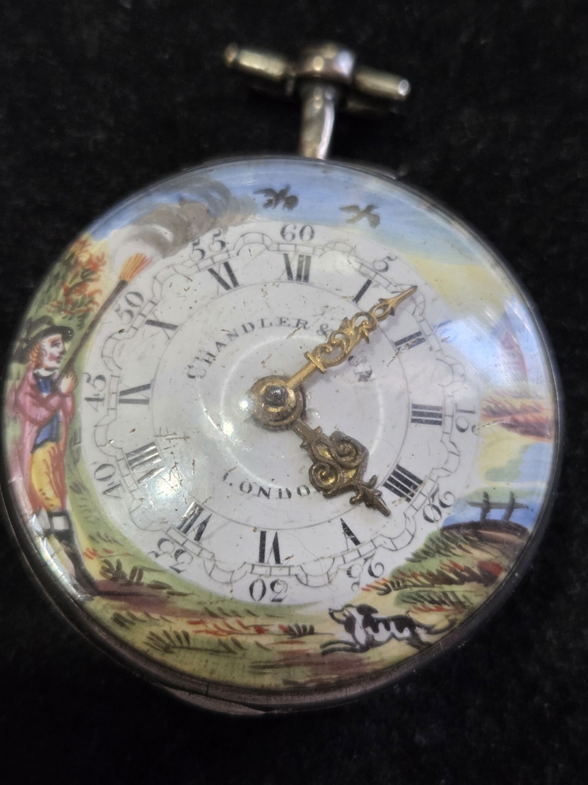 BRITISH VERGE FUSEE POCKET WATCH ENAMEL HUNTING SCENE 47MM CASE CHANDLER LONDON