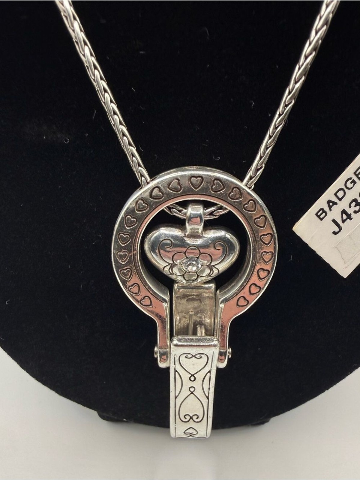 Brighton Badge Clip Necklace Lanyard NWT Silver Heart ID Holder