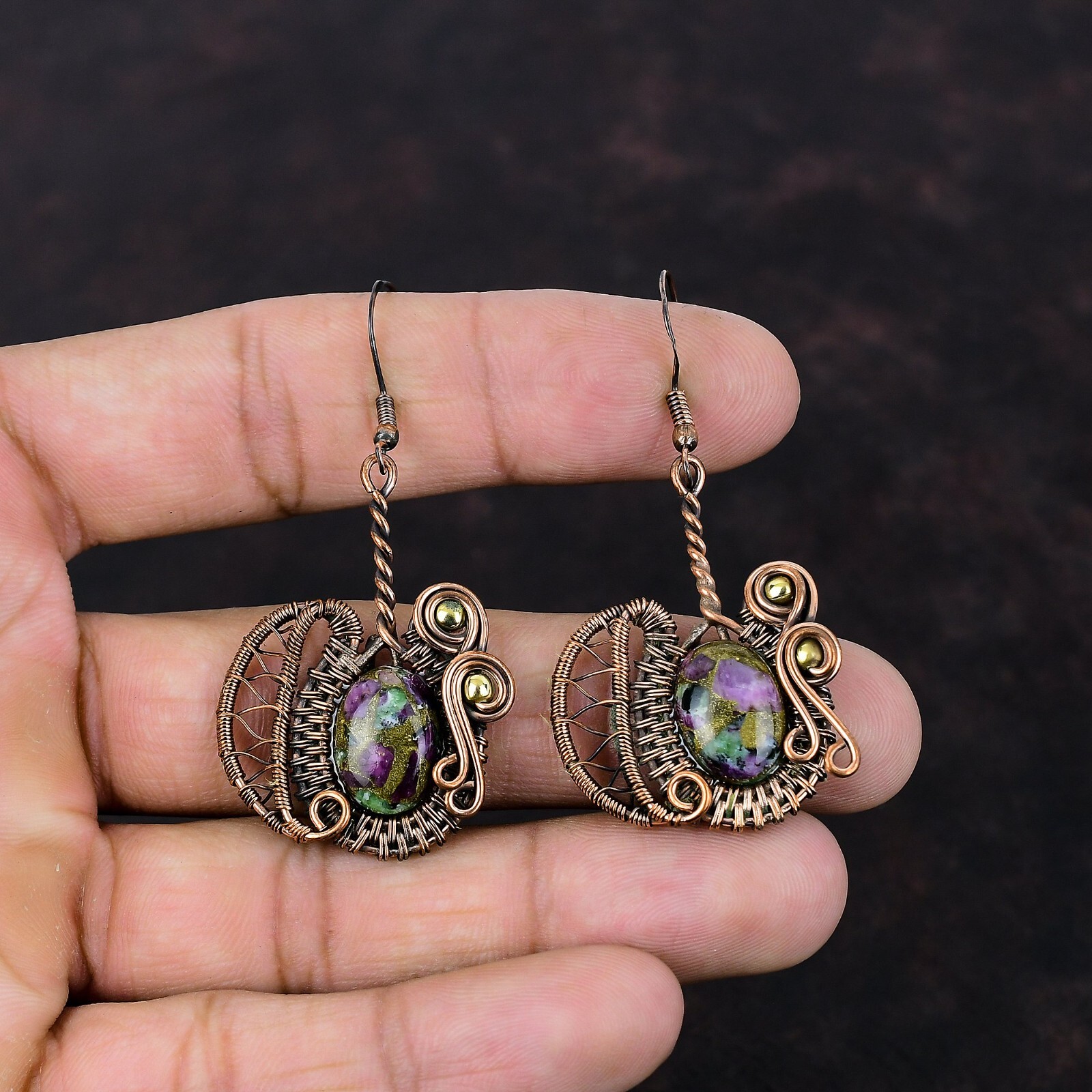 Gift For Women Wire Wrapped Drop/Dangle Earrings Copper Ruby Zoisite 2.28″