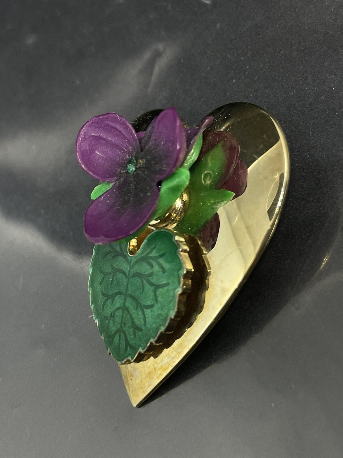Vintage GoldTone, Enamel, Ceramic, Crystals Violet Heart Pendant/ClipOn Earrings