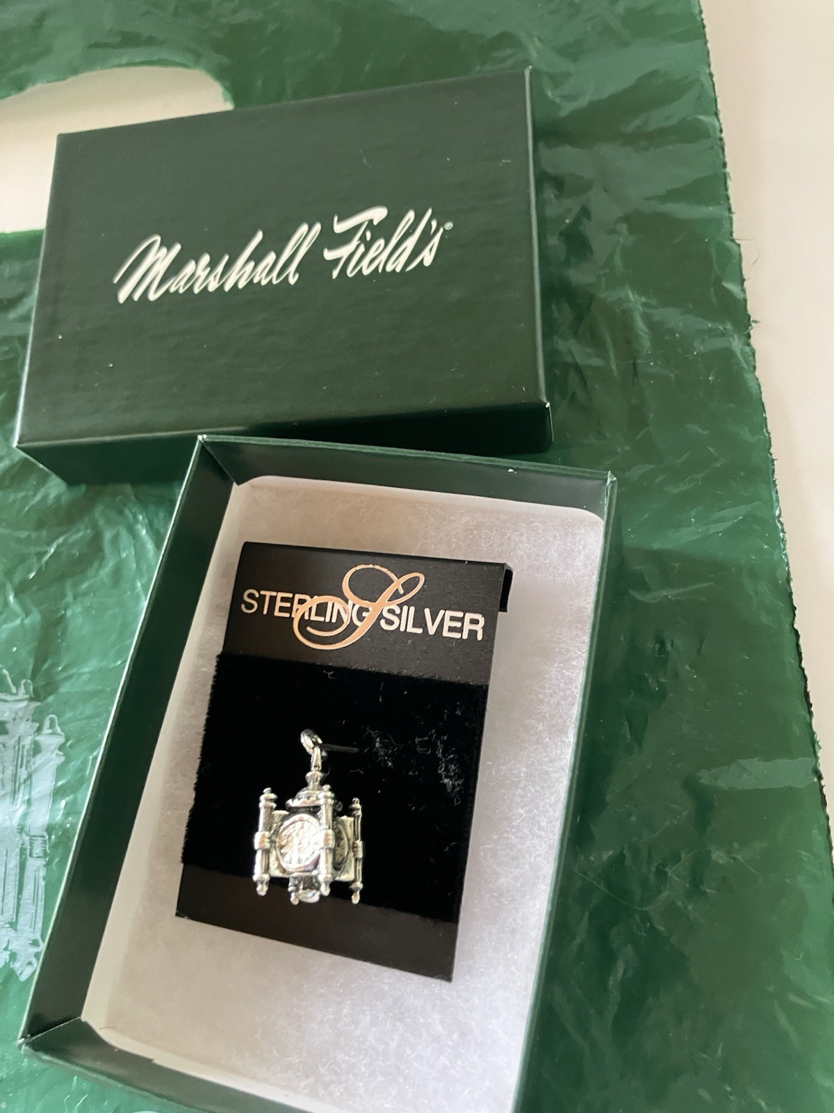 NEW on Card Vintage Marshall Fields Sterling Silver Clock Charm Box & Bag