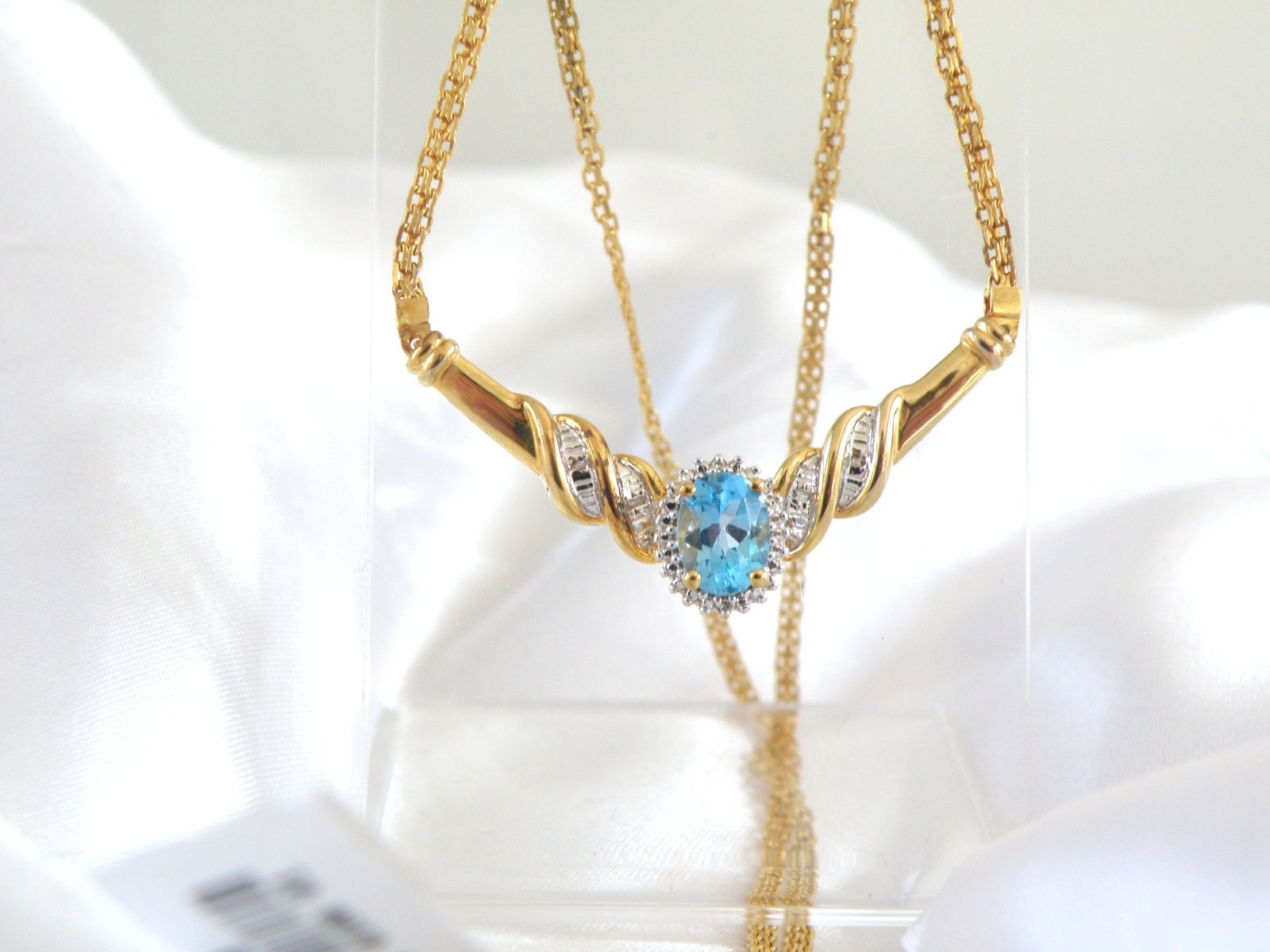 14K Gold on Sterling Silver 925 Natural Heated Blue Topaz Diamond Necklace 18″