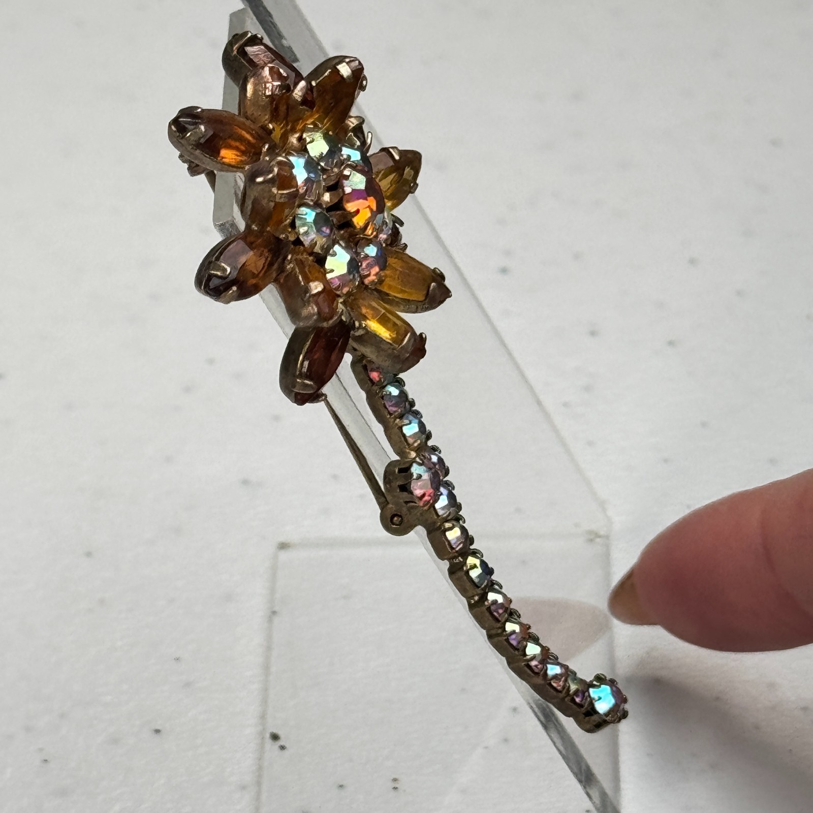 Vintage Brooch Brown Rhinestone Flower AB Stem Daisy MCM 50s 60s