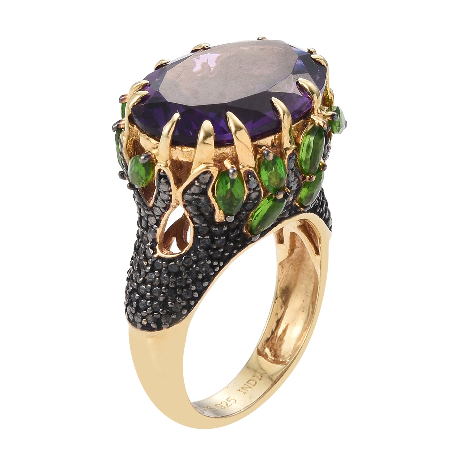 Yellow Gold Rhodium Plated 925 Sterling Silver Ring With Natural African Amethys