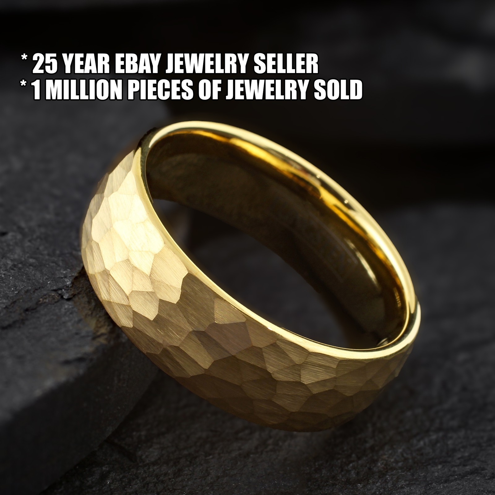 6/8mm Tungsten Carbide Men’s Gold Plated Hammered Domed Wedding Band Ring