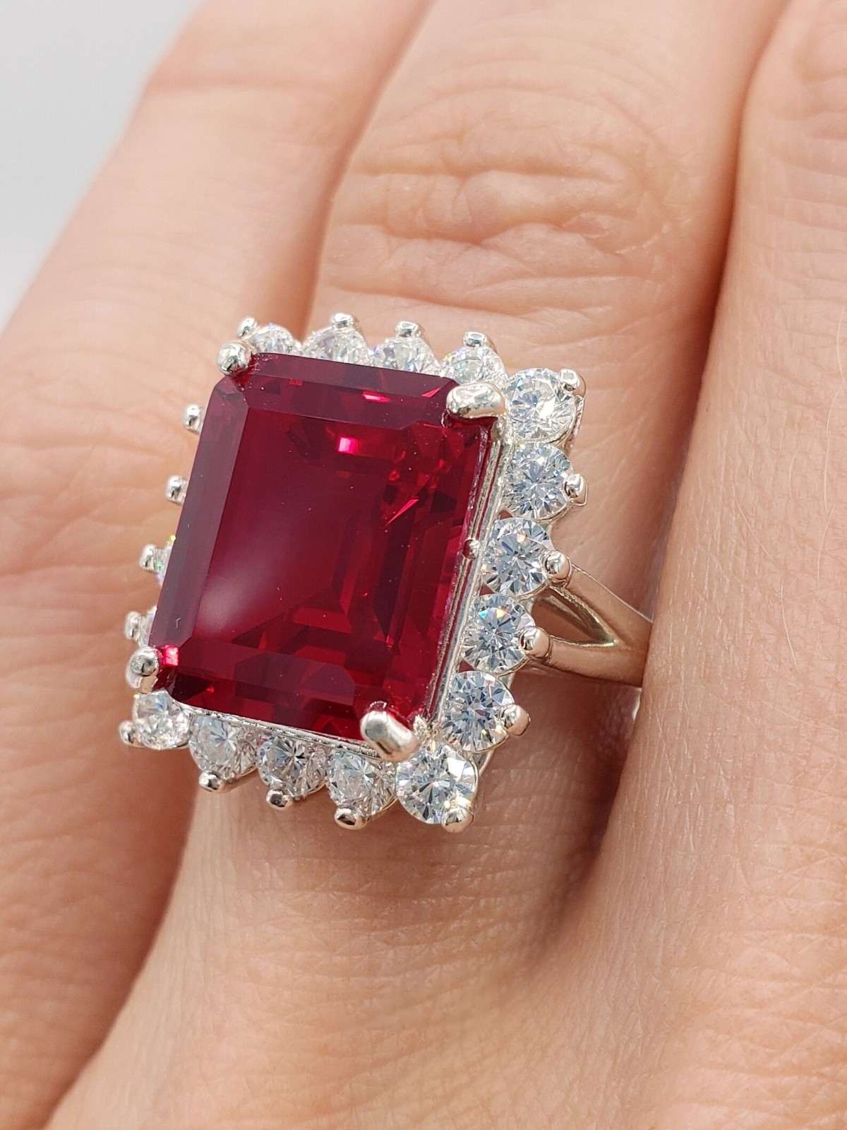 6.80Ct Emerald Cut Natural Ruby Diamond Engagement Ring 14K White Gold Size 8.5