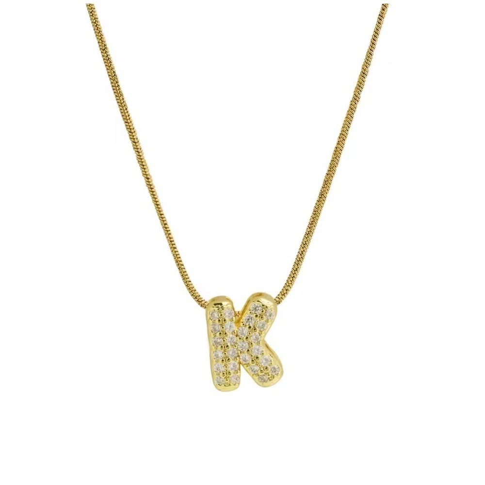 18k Gold Played Bubble K Initial Necklace Crystal Pavé Letter Pendant Snake