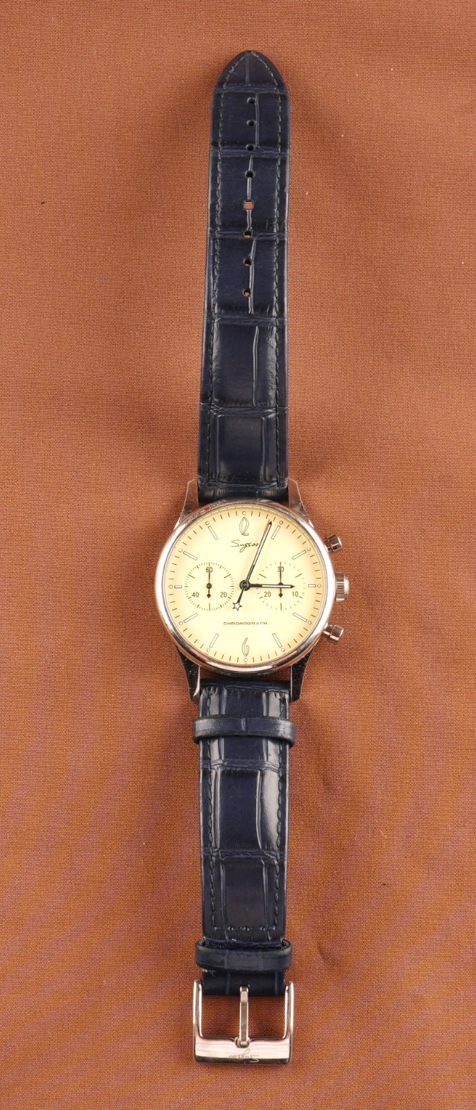 *Sugess Chronograph Mechanical II ST1901 Stainless Steel, Navy Leather Bracelet