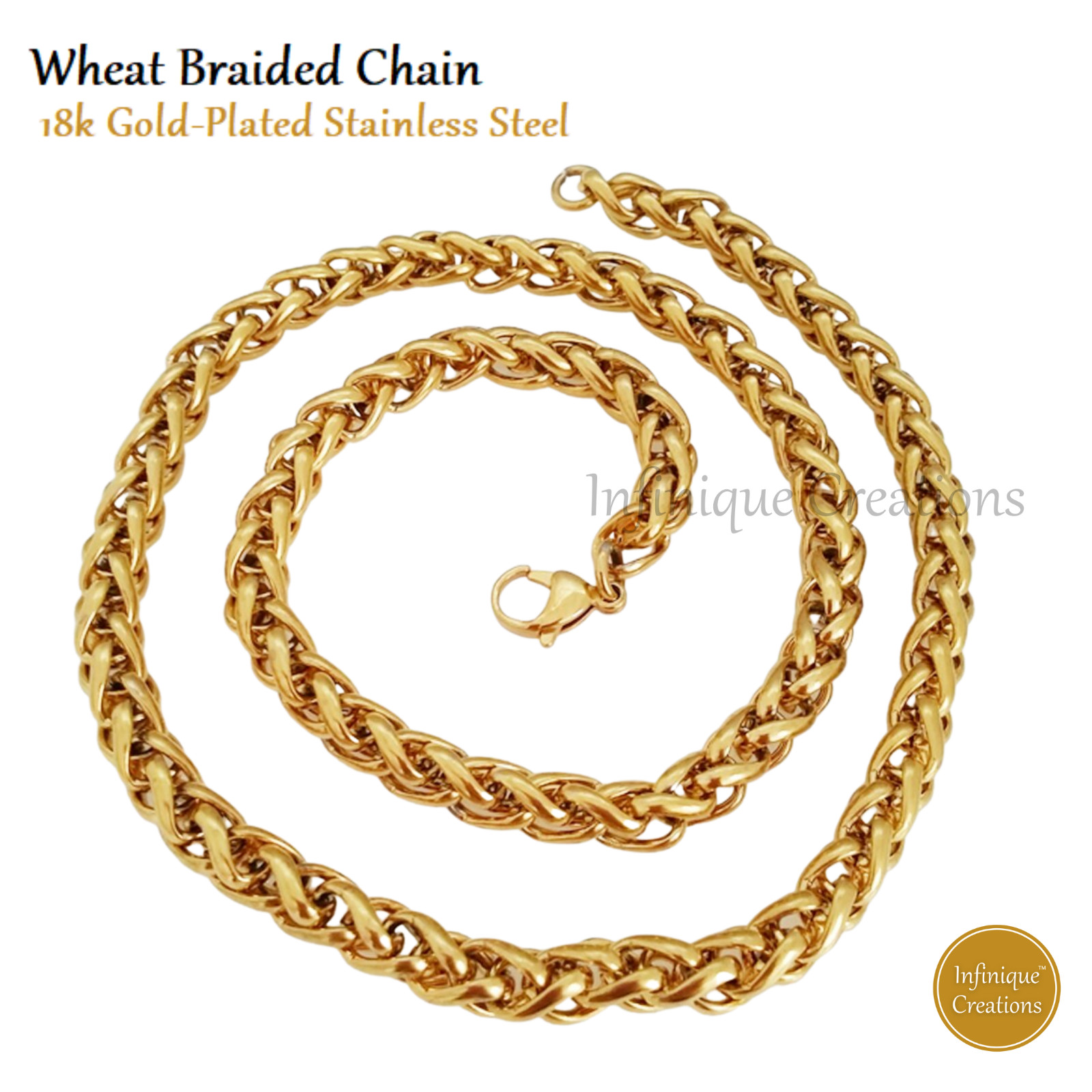 Stainless Steel Wheat Braided Chain 18K Gold Plated 7-38″ Men Bracelet Necklace