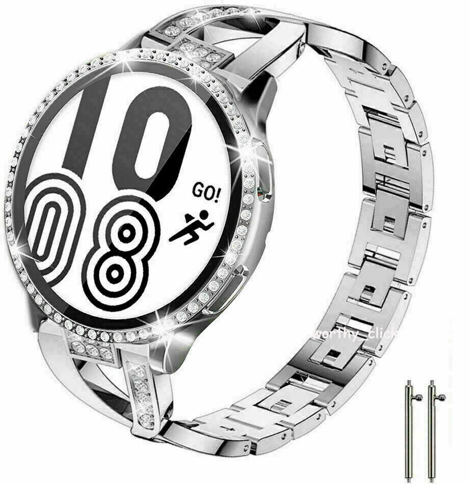Samsung Galaxy Watch 4 5 6 7 Active 2 Bling Metal Band Wrist Strap + Case Cover