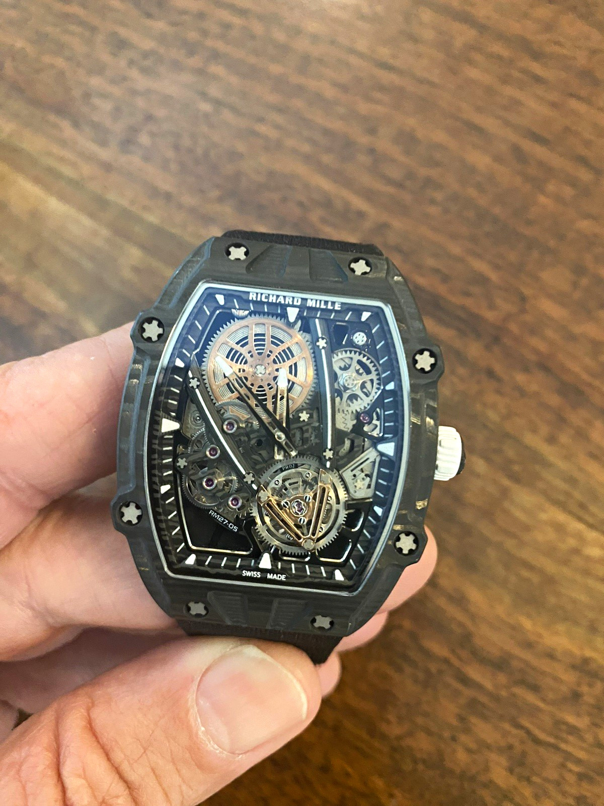 RM27-05 Skeleton Dial Black Carbon Fiber Tonneau Auto Watch. Ultra Thin