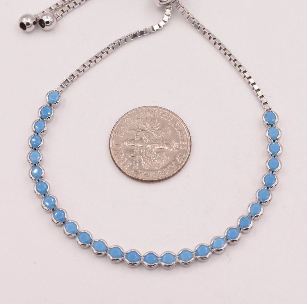 3.7mm Turquoise Round Bezel Set Adjustable Tennis Bracelet Sterling Silver 925