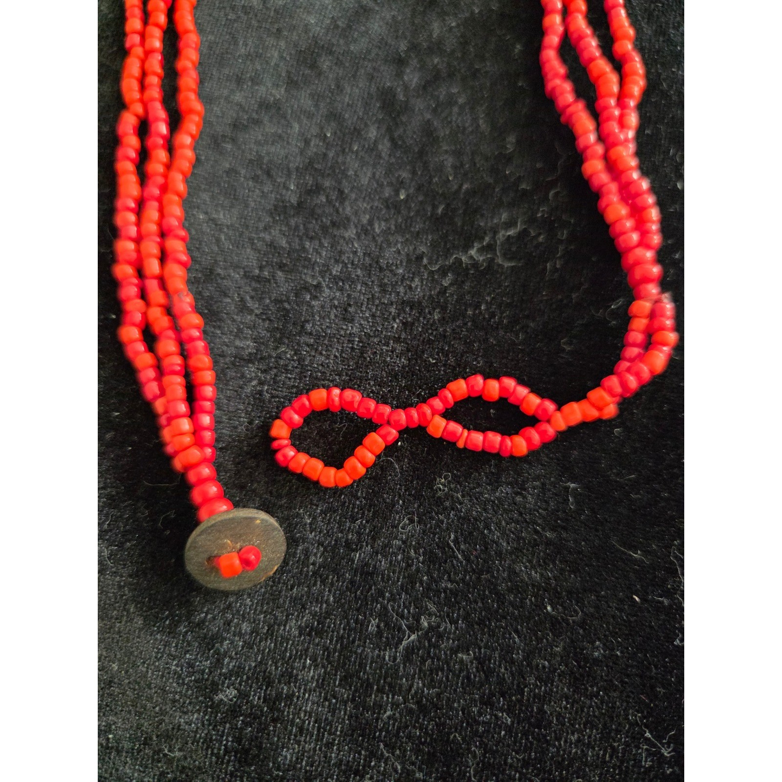 Triple Strand Red Coral Seed Bead Necklace Etched Circle Horn Pendant Boho Beach