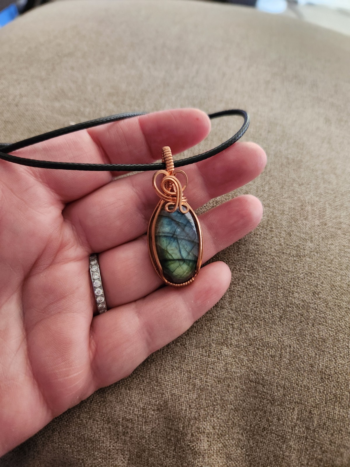 Labradorite Wrapped In Copper Wire Pendant w/wax Coated Cord Necklace