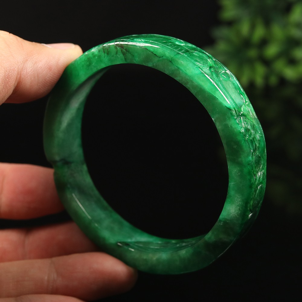 61mm Emerald Green Jadeite Jade Bangle Bracelet Coin Ruyi Flower Rabbit A-14885