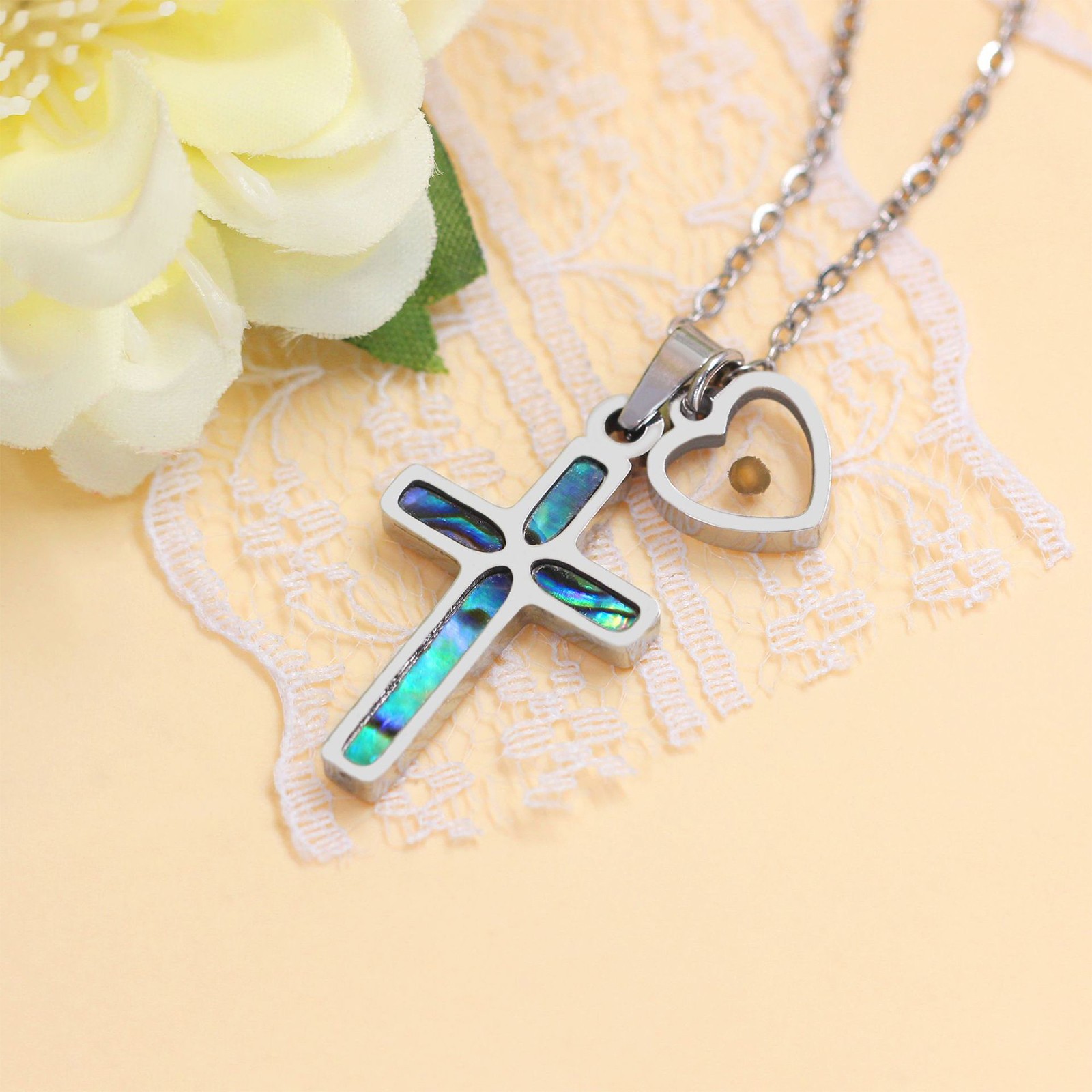 Women’s Girls Christian Mustard Seed Cross Heart Necklace Abalone Shell Pendant