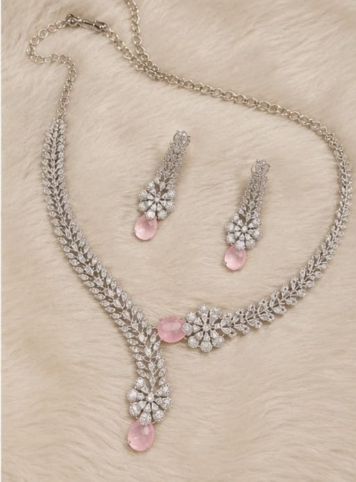 Elegant Luxury Pink Crystal Necklace Set Cubic Zirconia Earrings Party Jewelry