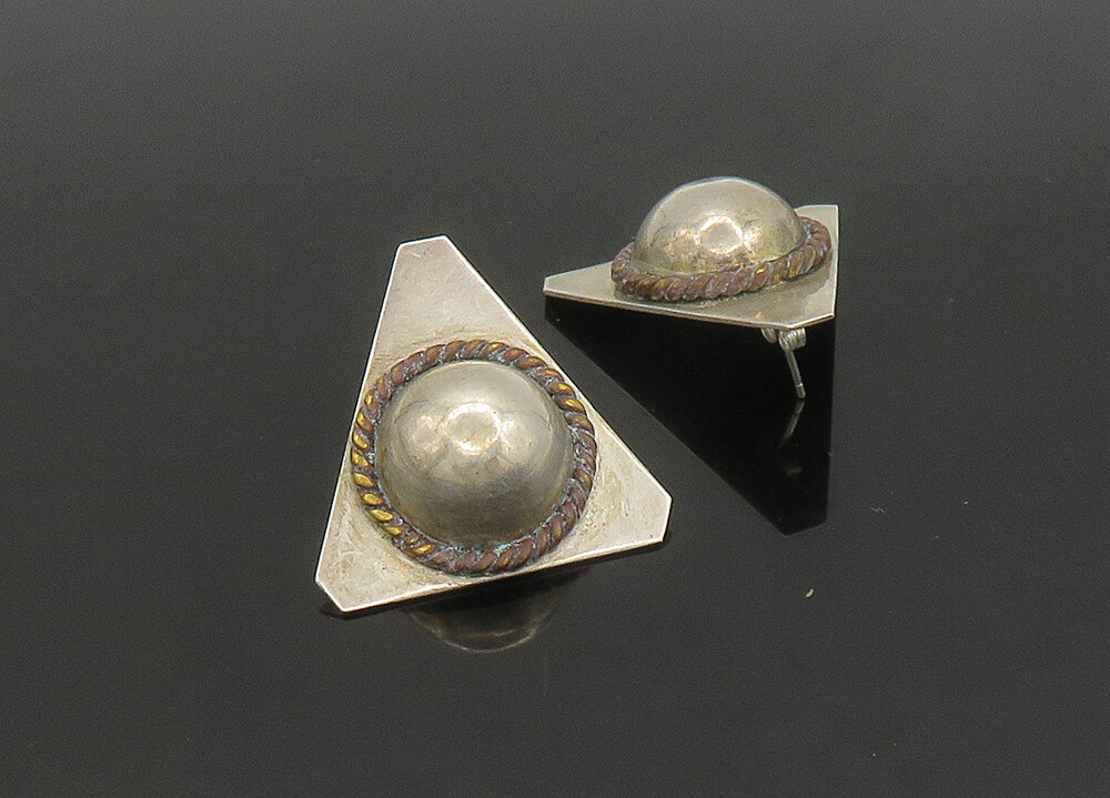 MEXICO 925 Sterling Silver Vintage Two Tone Twist Dome Drop Earrings EG11420