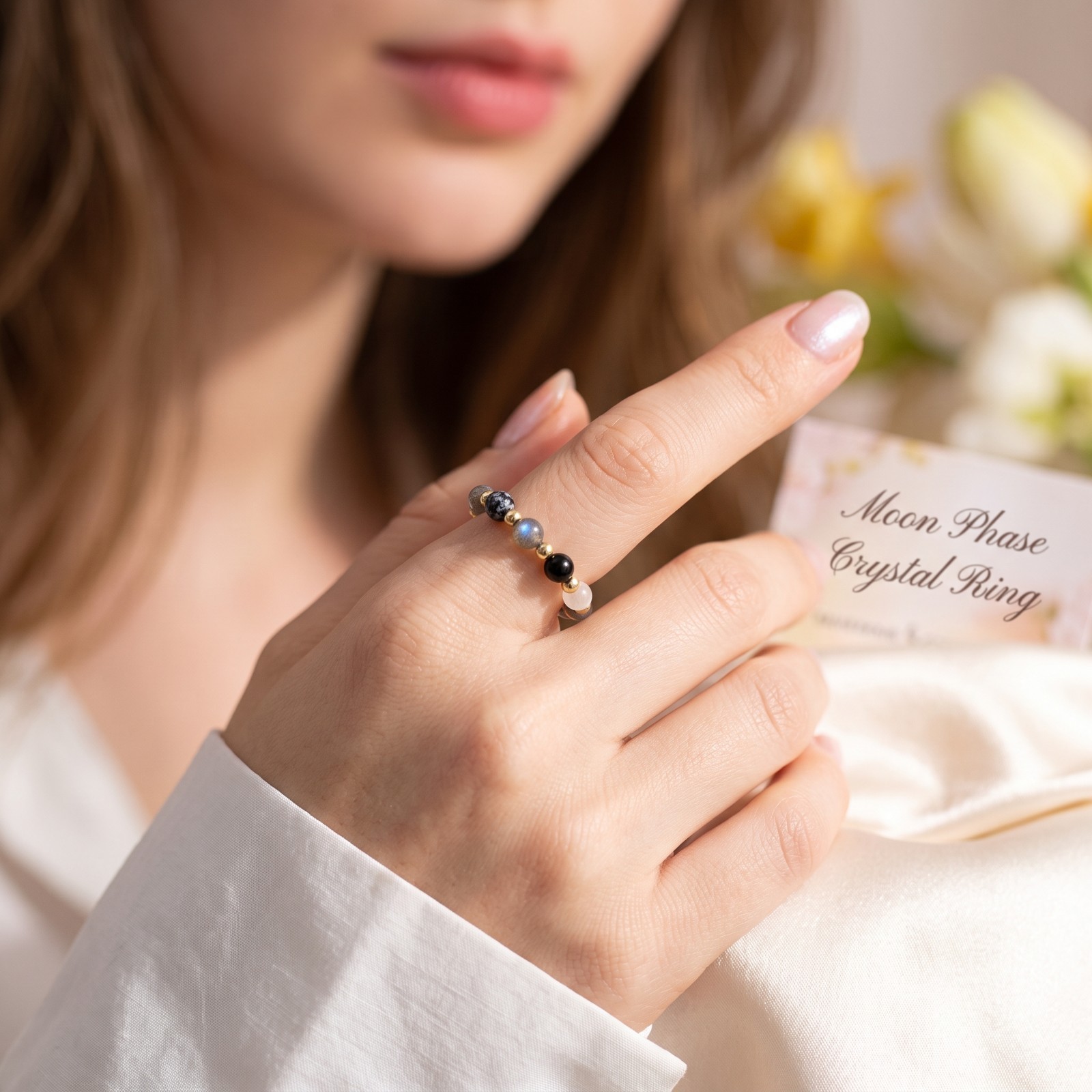 Moon Phase Beaded Stretch Ring Natural Labradorite Obsidian Selenite Tourmaline